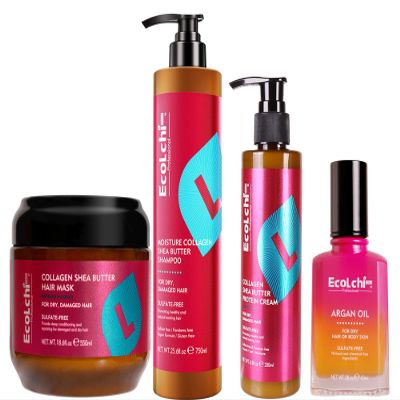 ECOLCHIPRO Ecolchi Hair Mask Shampoo Leaving-in Conditioner Argan Oil Set Collagen Hair Treatment Deep Repair Conditioning for Dry Damaged Hair All Hair Types 550+750+200+60ml