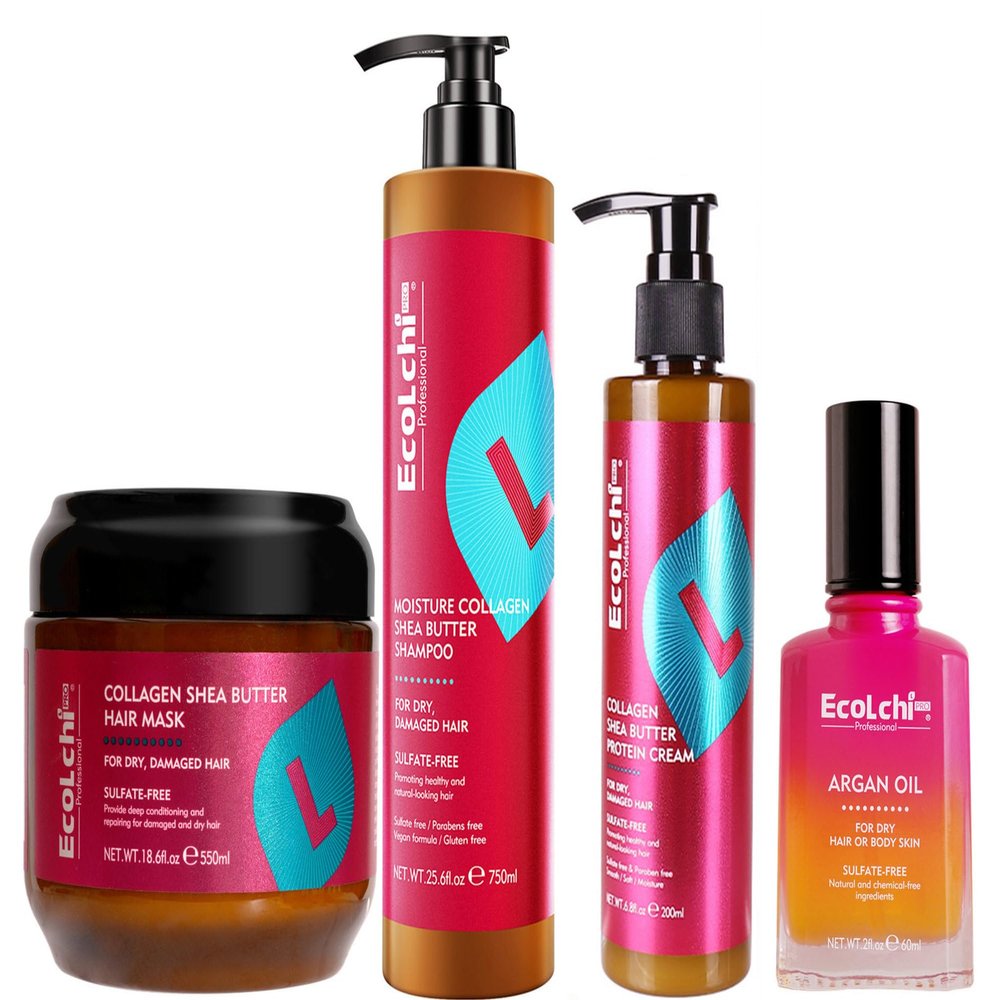 ECOLCHIPRO Ecolchi Hair Mask Shampoo Leaving-in Conditioner Argan Oil Set Collagen Hair Treatment Deep Repair Conditioning for Dry Damaged Hair All Hair Types 550+750+200+60ml
