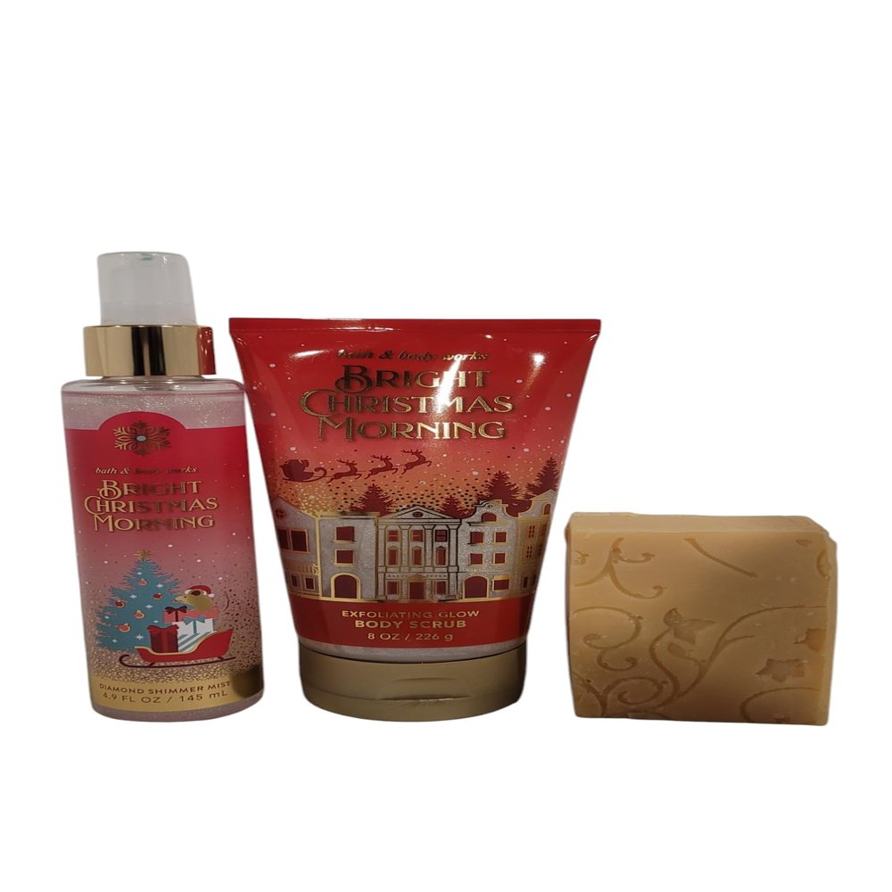 Bath and Body Bright Christmas Morning Diamond Shimmer Mist and Exfoliating Glow Body Scrub Rosebud Ranch Goat Milk Soap Sample