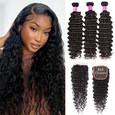 10A Deep Wave Bundles with Closure 16 18 20+14 Inch Wet and Wavy Brazilian Virgin Human Hair 3 Bundles with HD Lace Closure 100% Unprocessed Curly Human Hair Bundles with Lace Closure Natural Color