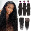 10A Deep Wave Bundles with Closure 16 18 20+14 Inch Wet and Wavy Brazilian Virgin Human Hair 3 Bundles with HD Lace Closure 100% Unprocessed Curly Human Hair Bundles with Lace Closure Natural Color view 1