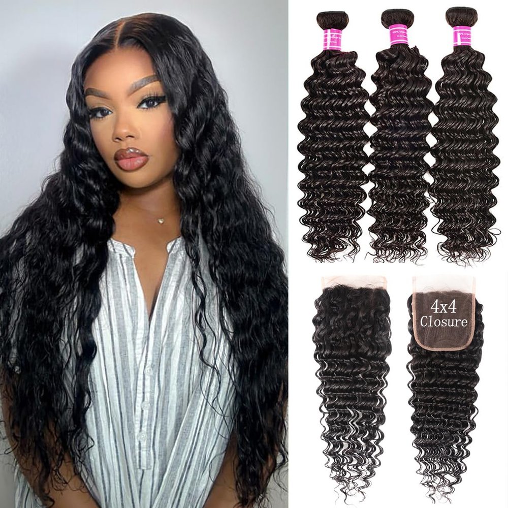 Brazilian Human Hair Bundles With 4X4 Lace Closure - 10A Grade Deep Wave 100% Unprocessed Virgin Hair (18 20 22+16) - Water Wave Bundles