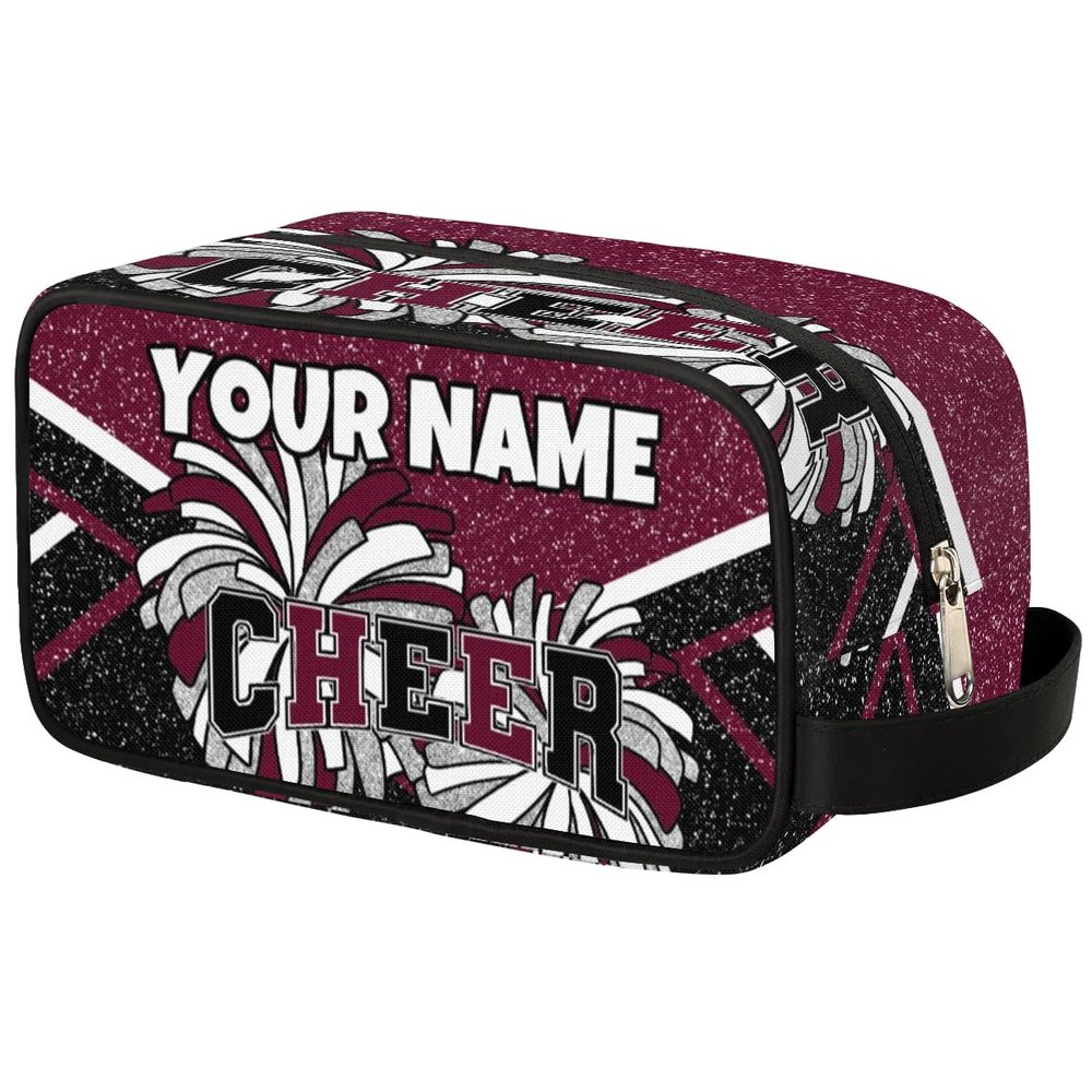 Opalaughs Custom Cheer Makeup Bag Personalized Glitter Black Maroon Cheerleader Cosmetic Toiletry Bag Cheerleader Gifts for Cheer Team Women