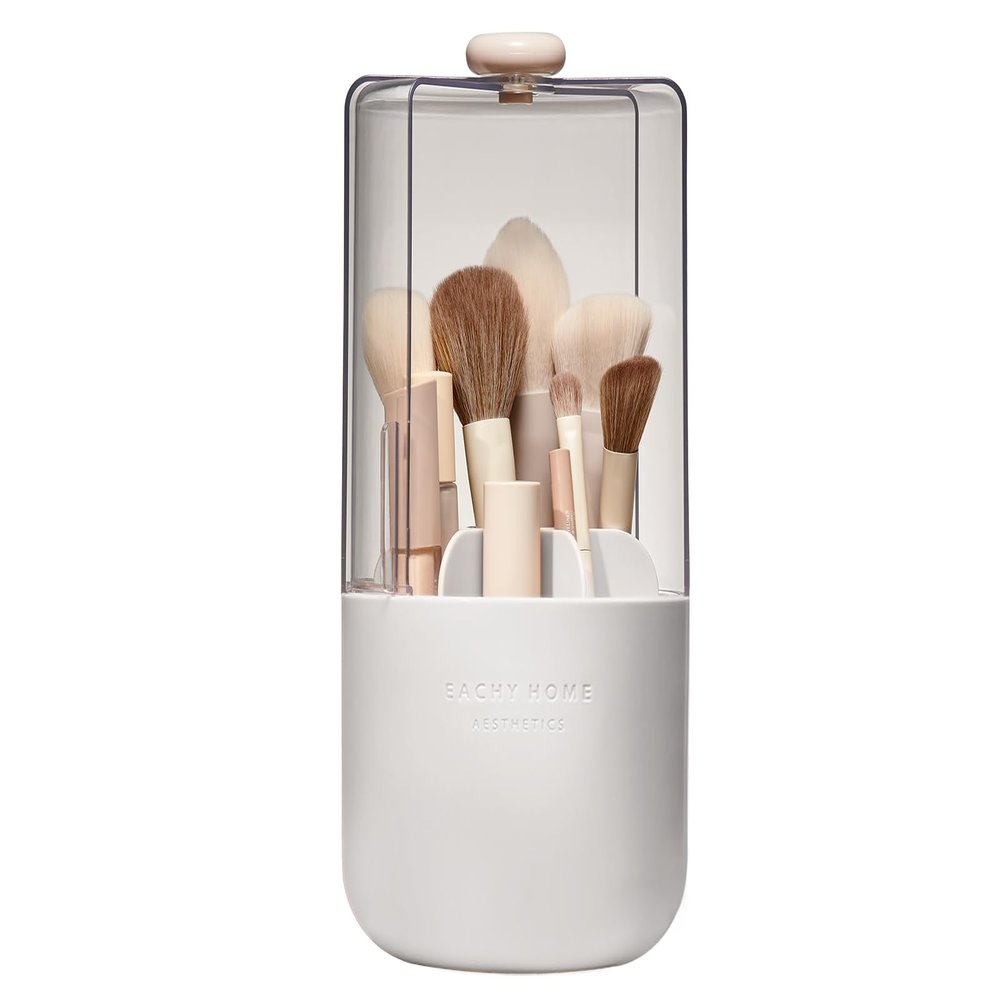 EACHY Makeup Brush Holder 360 Rotating with Dustproof Lid, Waterproof Material, 7 Compartments for Organized Storage, Stylish and Durable Design for Vanity (White)
