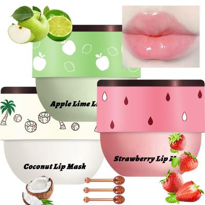 3 Pcs Bee Coconut Apple Honey Pot Lip Mask Sleeping Mask Hydrate Repair Prevent Dry Cracked Lip Exfoliator Care (Strawberry+Apple Lime)