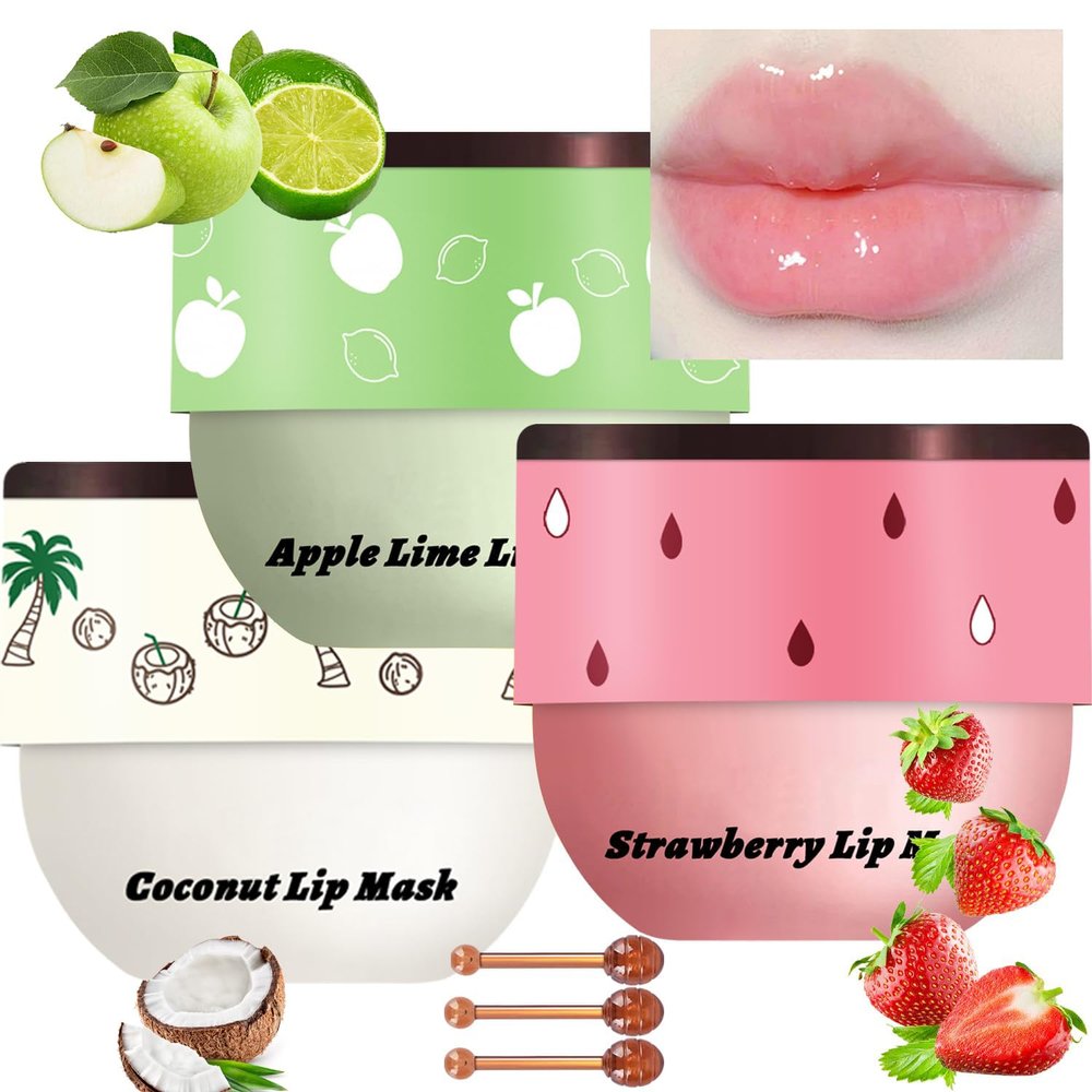 3 Pcs Bee Coconut Apple Honey Pot Lip Mask Sleeping Mask Hydrate Repair Prevent Dry Cracked Lip Exfoliator Care (Strawberry+Apple Lime)