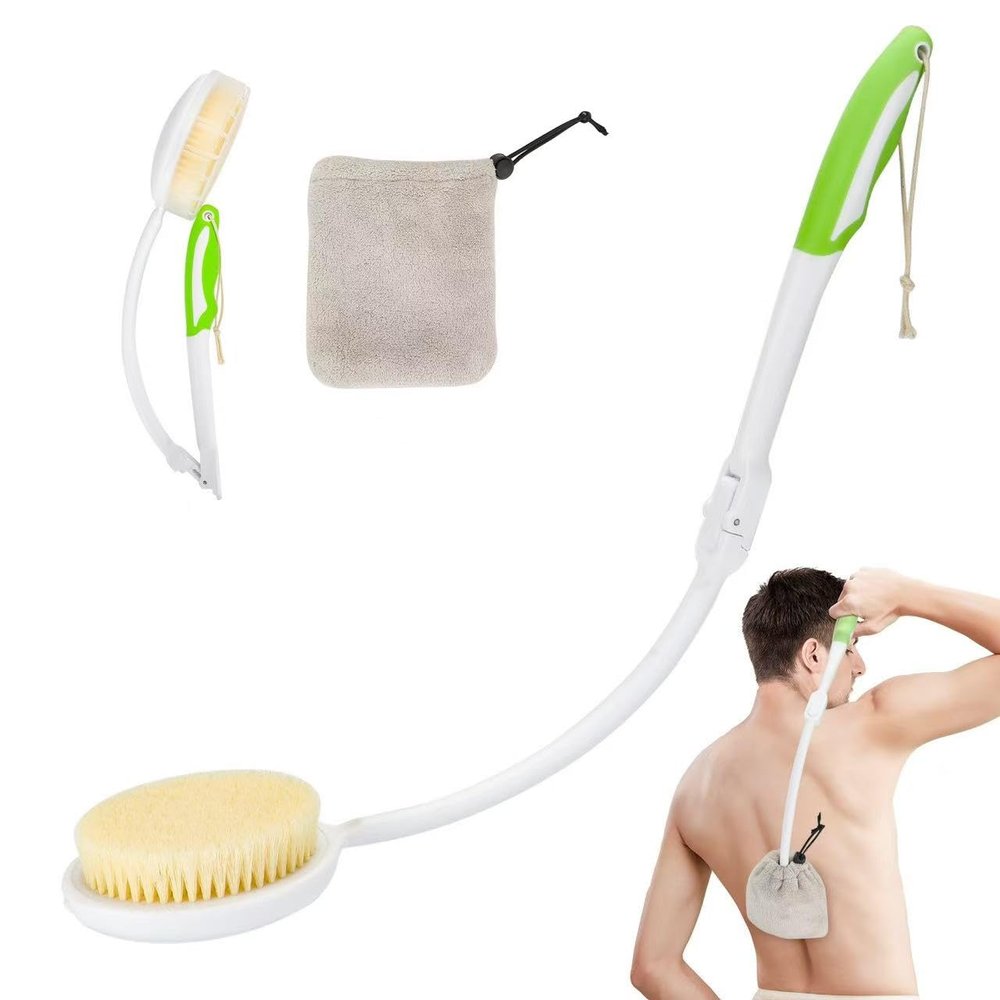 Back Scrubber Bath Brush for Shower Curved Long Handle, Foldable Handled Shower Body Brush Whith Absorbent Microfiber Bag Can Quickly Dry Your Back