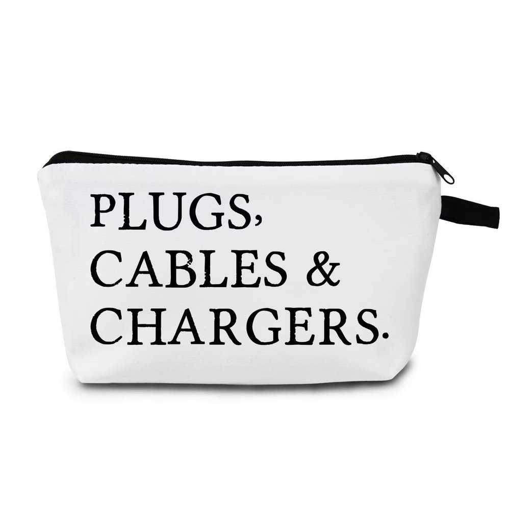 MoCaliduccious "PLUGS CABLES & CHARGERS Text Print Women Cosmetic Bag for Women Travel OrganizerSmall Zipper Makeup Bag Toiletry Kit