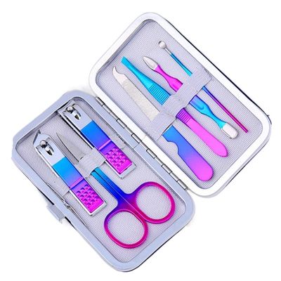 NVVVNX Nail Scissors Set Colorful Folding Stainless Steel Acne Needle Ear Spoon Nail Clipper Multi-Function Professional Manicure Tool(7 pcs)