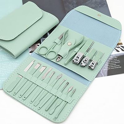 NVVVNX Manicure Set Nail Clippers Tools Household 12/16Pcs Green Stainless Steel Ear Spoon Nail Cutters Scissors Kit for Manicure Tools(16pcs Green)