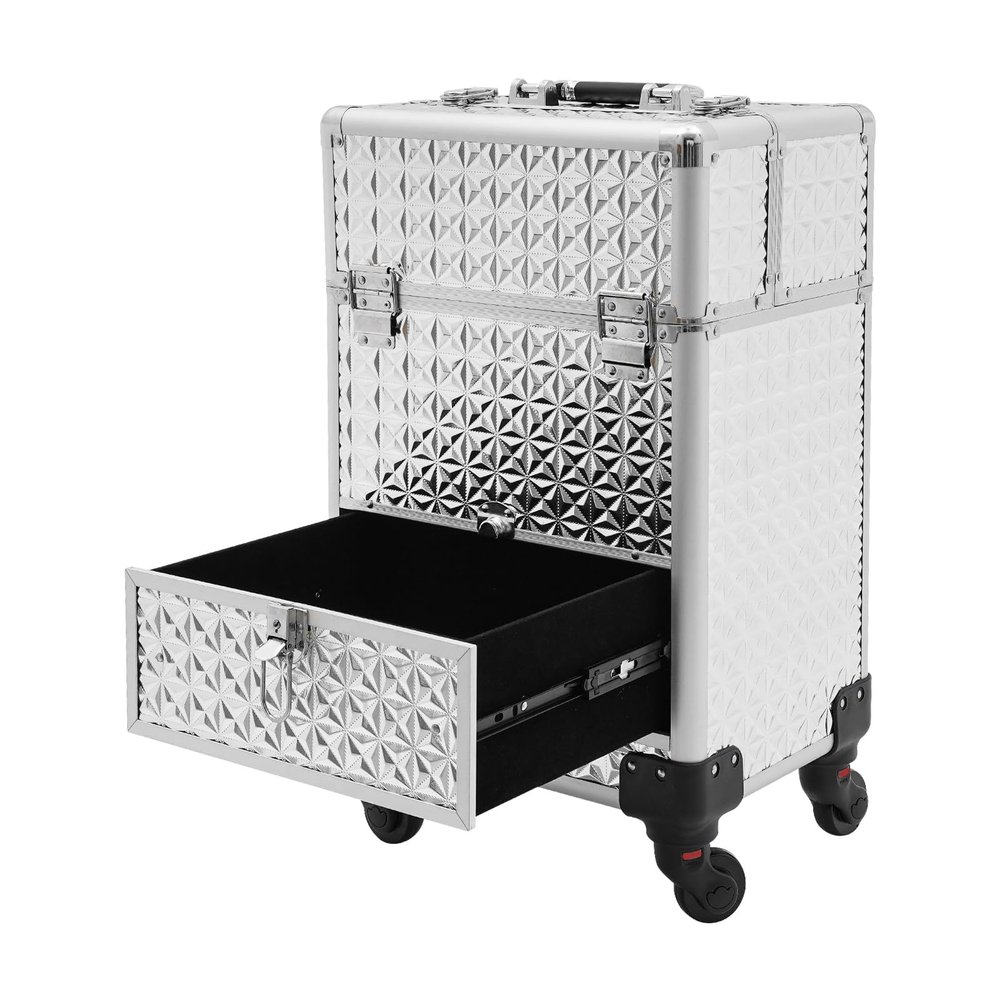 YIYIBYUS Rolling Makeup Train Case, Durable Large Capacity Makeup Trolley Organizer w/Wheels, Professional Manicure Storage Case Rolling Nail Case W/lock (Sliver)