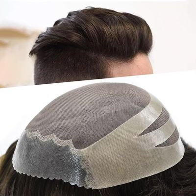 Toupee for Men Fine Mono Mens Toupee Human Hair Thin Skin Front Mens Hair Piece Indian Human Hair Replacement Systems NPU Hair Piece #1B20 1B# OFF BLACK WITH 20% SYNTHETIC GREY