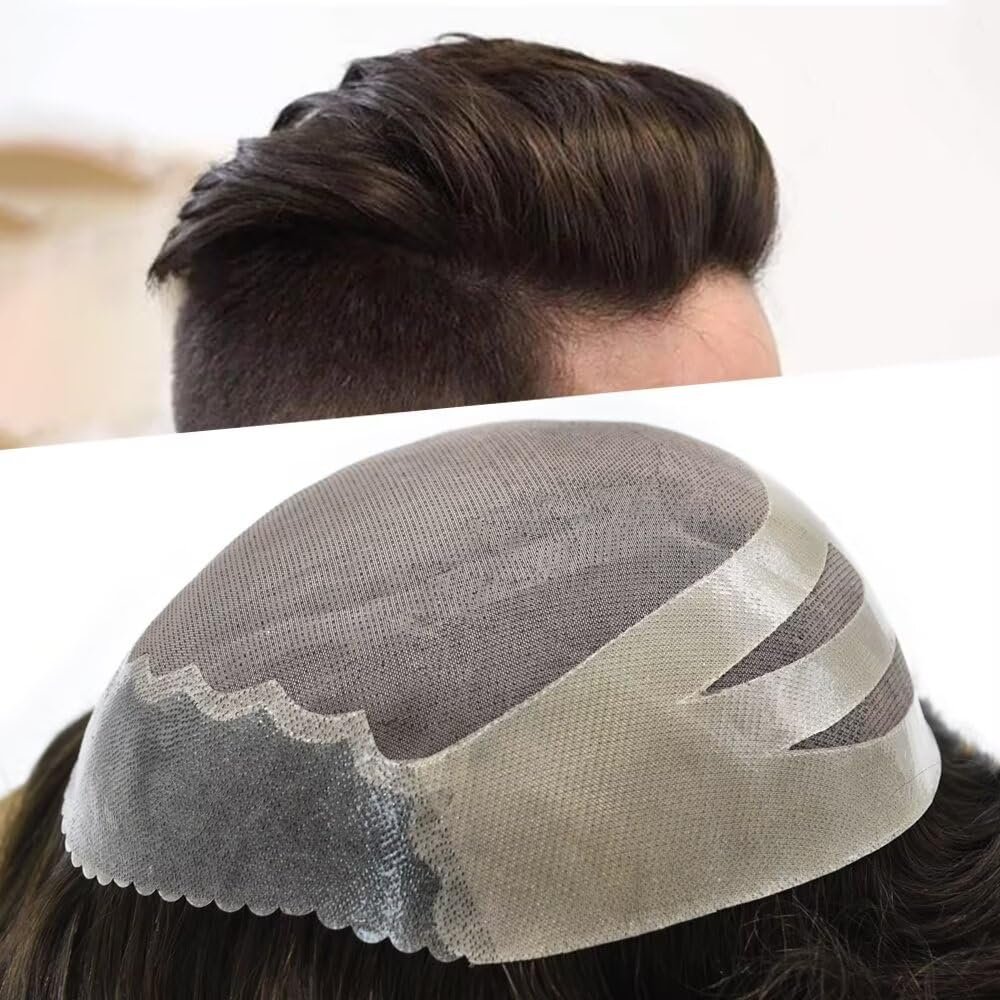 Toupee for Men Fine Mono Mens Toupee Human Hair Thin Skin Front Mens Hair Piece Indian Human Hair Replacement Systems NPU Hair Piece #1B20 1B# OFF BLACK WITH 20% SYNTHETIC GREY