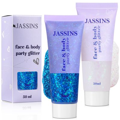 JASSINS 2PCS Body Glitter, 100ml Blue and White Face Glitter for Women Girls Kids, Glitter Gel Makeup Tween Gifts, Singer Concerts Festival Rave Accessories, Chunky Mermaid Sequins Glitter