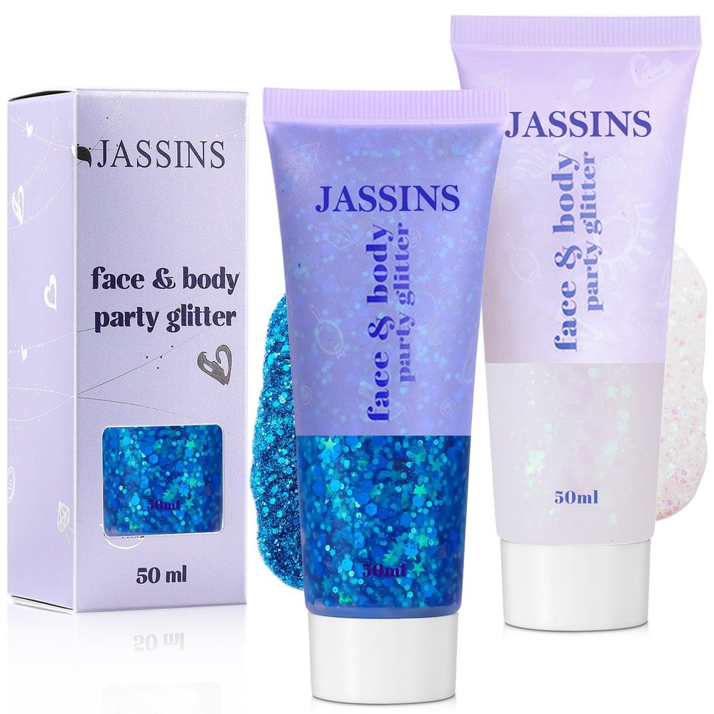 JASSINS 2PCS Body Glitter, 100ml Blue and White Face Glitter for Women Girls Kids, Glitter Gel Makeup Tween Gifts, Singer Concerts Festival Rave Accessories, Chunky Mermaid Sequins Glitter
