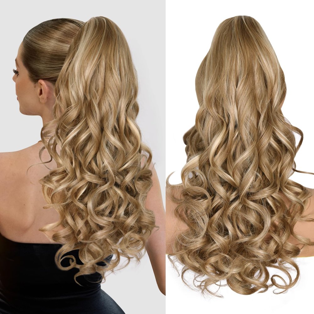 24 Inch Blonde Ponytail Extension, Clip on Ponytails for Women, Long Curly Ponytail Extensions for Women, Synthetic Layered Pony Tails Hair Extensions (Color: Dark Blonde With Beige Blonde Highlights)
