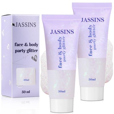JASSINS 2PCS Body Glitter, 100ml White Face Glitter for Women Girls Kids, Glitter Gel Makeup Tween Gifts, Singer Concerts Festival Rave Accessories, Chunky Mermaid Sequins Glitter