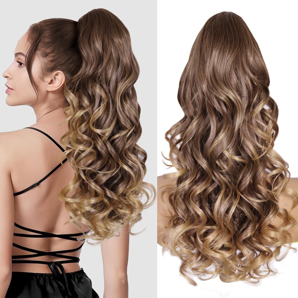 24 Inch Ponytail Extension, Layered Ponytail Extensions for Women, Soft Wavy Claw Clip in Ponytail Extension, Natural Synthetic Hair Pieces for Women (Color: Light Brown With Golden Ends)