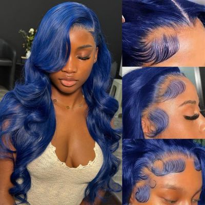 Suresen Dark Blue 13x4 Lace Front Wigs Human Hair 26 Inch Pre Plucked 180% Density Body Wave HD Lace Frontal Wigs for Women Blue Hair Glueless Colored Wigs for Women