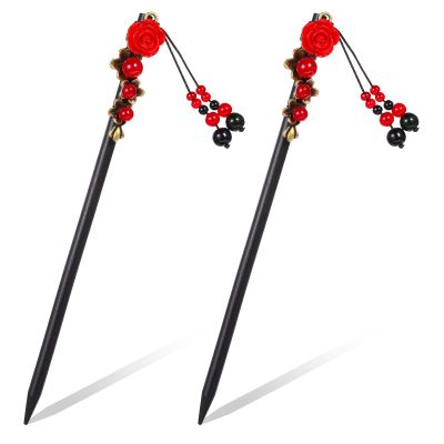 2 Pcs Chinese Wooden Hair Sticks, Chinese Hair Pins for Women Retro Handmade Wooden Hairpins Flower Tassel Hair Chopsticks Japanese Hair Accessories Classic Hair Pins for Long Hair