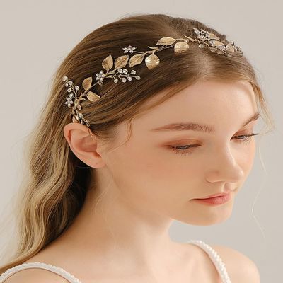 Octwine Vintage Bridal Gold Leaf Headpiece Handmade Wedding Headband Hair Vine Rhinestoens Headband Bridal Wedding Hair Accessories