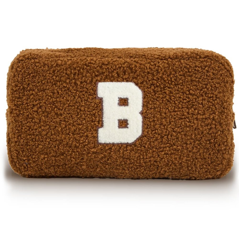 kamumanni Cute Makeup Bag, Initial Cosmetic Bag, Fuzzy Makeup Bags for Women, Brown Makeup Pouch with Chenille Letter, Monogrammed Gifts for Women, Brown B