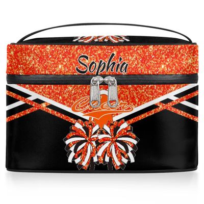Ioracida Custom Cheer Makeup Bags, Personalized Name Travel Toiletry Cosmetic Bag, Customized Cheerleader Travel Zipper Pouch, Waterproof Cheerleading Toiletry Bags with Handle, Orange Glitter