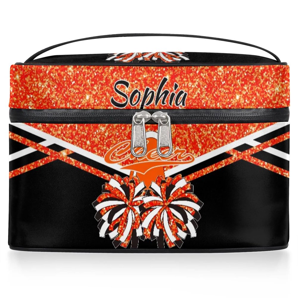 Ioracida Custom Cheer Makeup Bags, Personalized Name Travel Toiletry Cosmetic Bag, Customized Cheerleader Travel Zipper Pouch, Waterproof Cheerleading Toiletry Bags with Handle, Orange Glitter