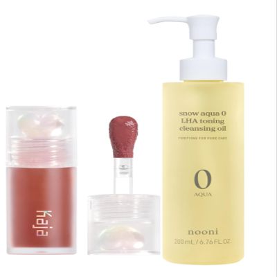 Kaja Juicy Glass Lip Plumping Oil 08 Cherry Cola + Nooni Snow Aqua 0 LHA Toning Pore Care Korean Facial Oil Cleanser, 6.76 fl.oz Bundle