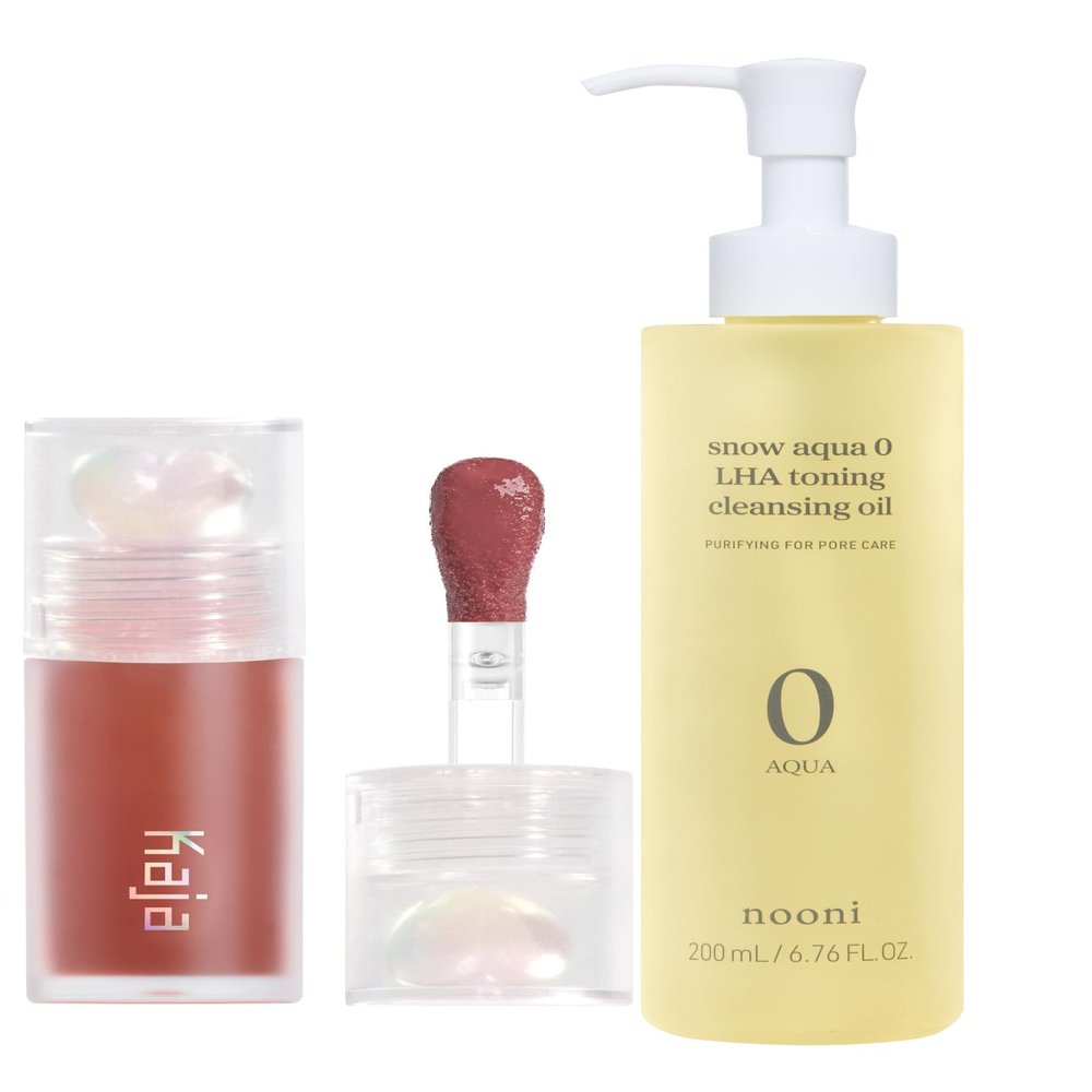 Kaja Juicy Glass Lip Plumping Oil 08 Cherry Cola + Nooni Snow Aqua 0 LHA Toning Pore Care Korean Facial Oil Cleanser, 6.76 fl.oz Bundle