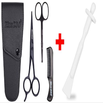 Men Personal Care Beard Grooming and Nose Cleaning Tool Set, Mustache Scissors and Comb and Nose Wax Applicator Spatulas, BlueZOO