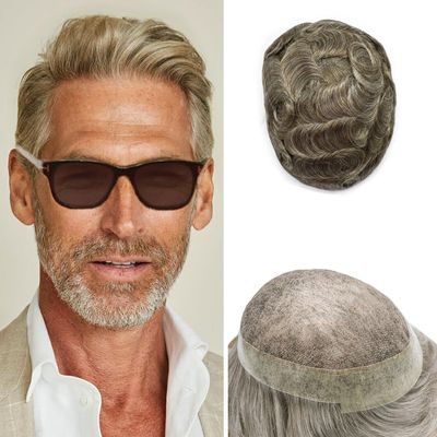 Healthlif Mens Hair Pieces Human Hair Men Toupee Swiss Lace Hair System Replacement For Men Toupee For Men Mens Hair System Human Hair 6x8"-100% light to medium density#740 7# VERY LIGHT BROWN+40%GREY