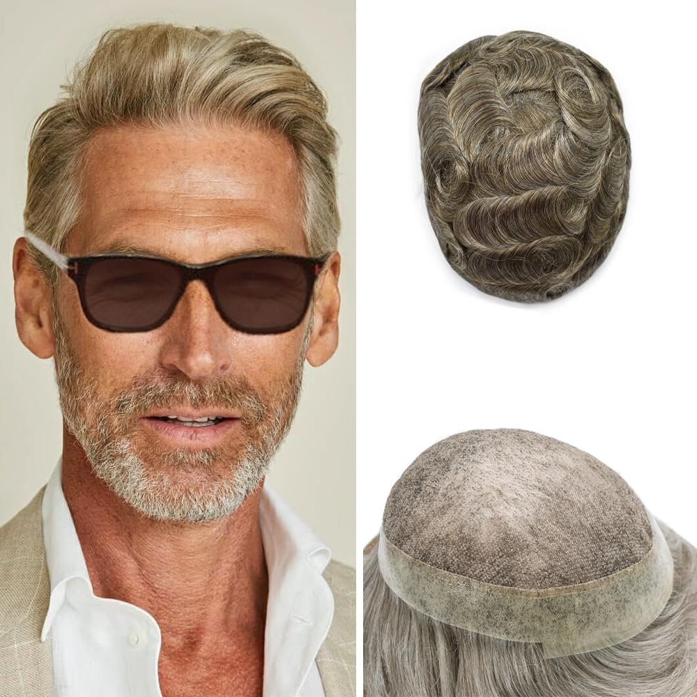 Healthlif Mens Hair Pieces Human Hair Men Toupee Swiss Lace Hair System Replacement For Men Toupee For Men Mens Hair System Human Hair 6x8"-100% light to medium density#740 7# VERY LIGHT BROWN+40%GREY