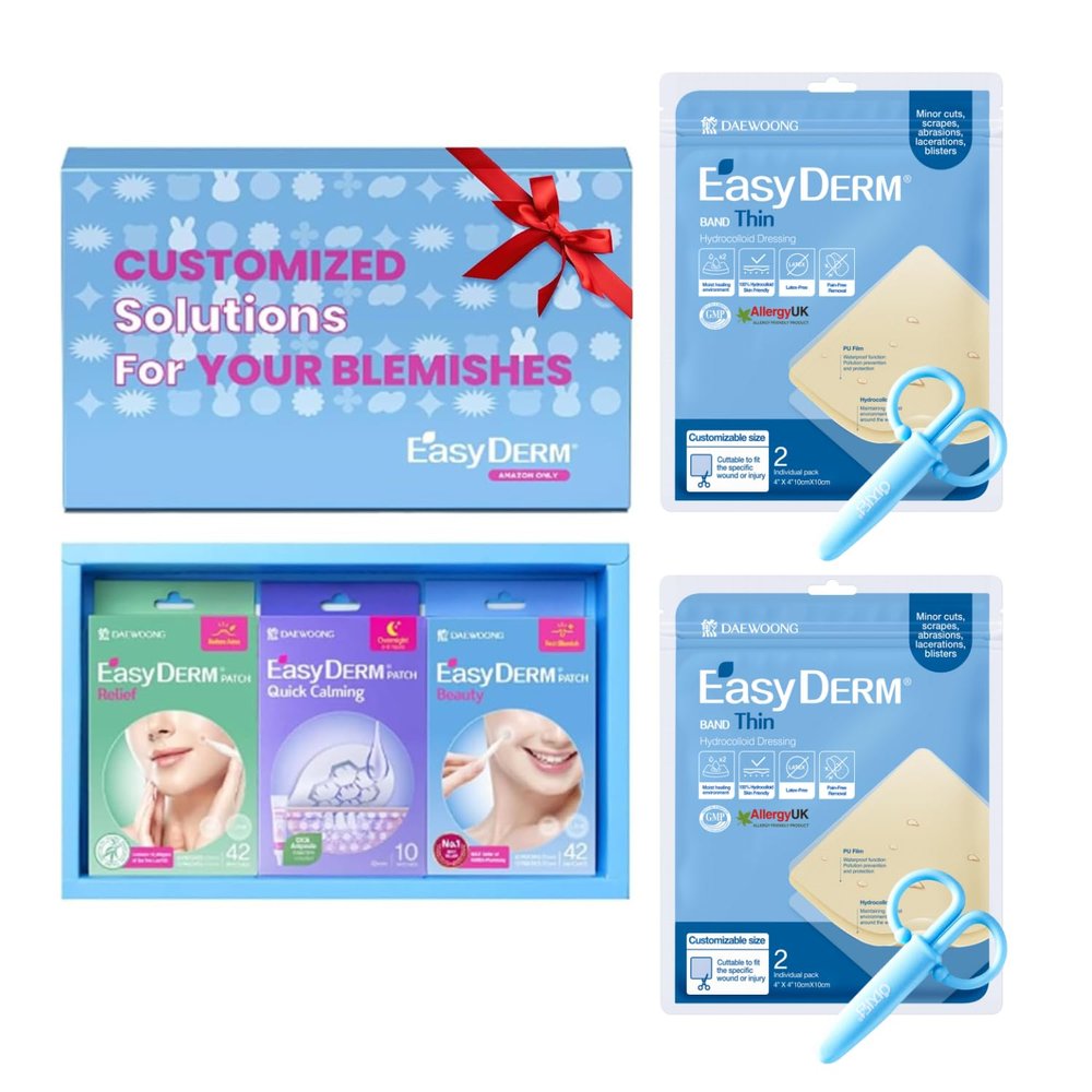 EasyDerm 3 Types of Pimple Patches Gift Set and Thin Hydrocolloid Dressing 4x4 2 Pack(4 Dressings)