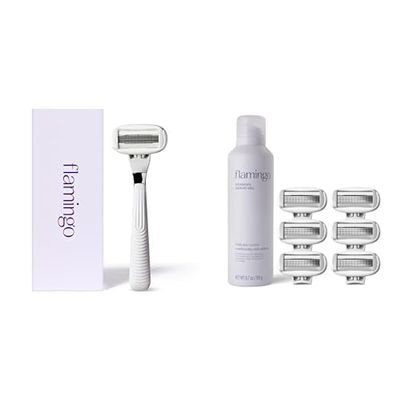 Flamingo Razors for Women Value Pack, 1 Razor Handle (Polished Chrome), 7 Razor Blade Refills, and 6.7 oz Foaming Shave Gel