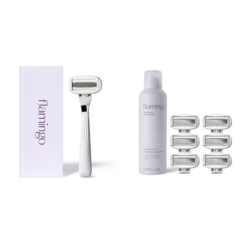 Flamingo Razors for Women Value Pack, 1 Razor Handle (Polished Chrome), 7 Razor Blade Refills, and 6.7 oz Foaming Shave Gel