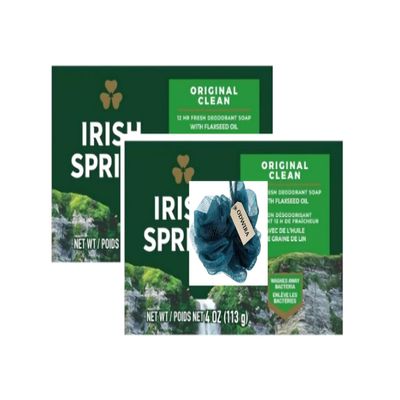 2-Pack Deodorant Irish Bar Soap, Mild for skin, 12 hours small fresh, Spring Soap for Washing Face,Body,Hand, 4oz each (total 8 oz) + 1 Shower Sponge for Irish Spring Bar soap.