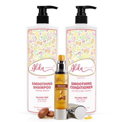 Alda Beauty Care Smoothing Shampoo and Conditioner Set, 32 fl oz Each, with Argan Oil Serum, Island Fruits Scent, Sulfate-Free, Nourishing Formula for Frizz Control and Straight Hair
