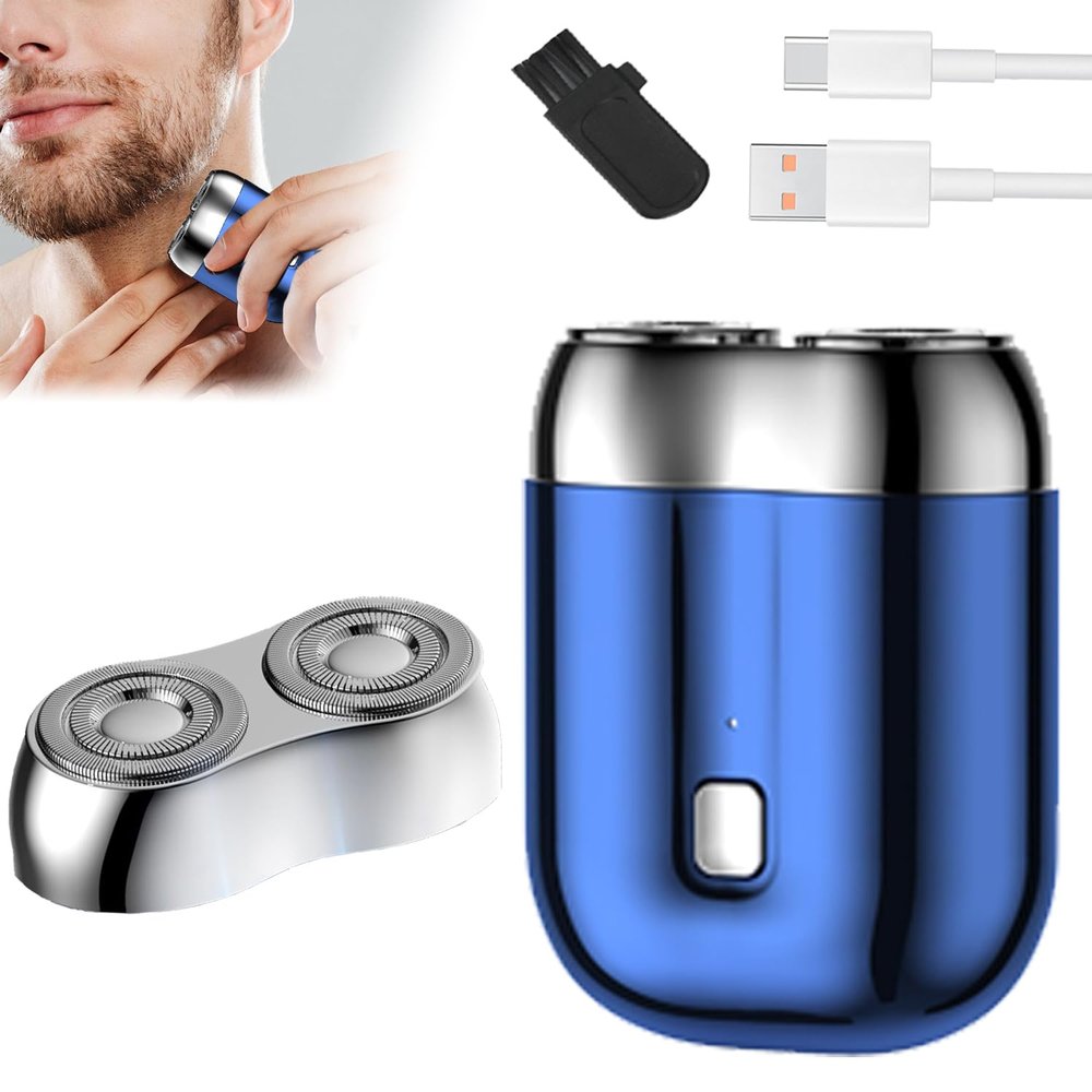 2025 New Model Double Head Electric ShavePocket Portable Travel Electric Shavers for MenUSB Rechargeable Electric ShaverPocket Size Washable Dual-Head Razor (Blue + Head)