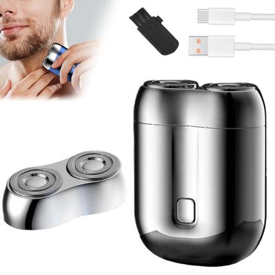 2025 New Model Double Head Electric ShavePocket Portable Travel Electric Shavers for MenUSB Rechargeable Electric ShaverPocket Size Washable Dual-Head Razor (Silver + Head)
