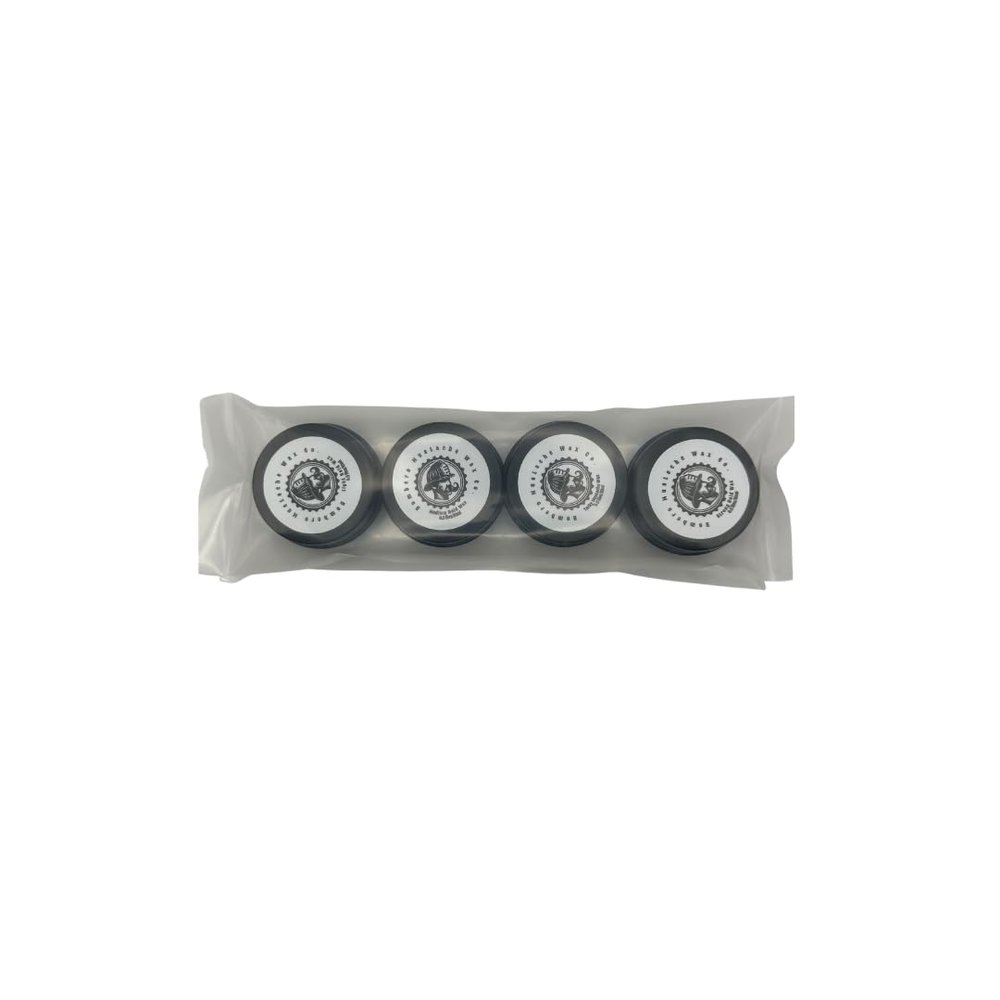 Bombero Mustache Wax Co. Mustache Wax Sampler Light Hold, Medium Hold, Tacky, and Strong Hold. Unscented pack of 4 0.5oz tins. Made in USA