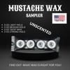 Bombero Mustache Wax Co. Mustache Wax Sampler Light Hold, Medium Hold, Tacky, and Strong Hold. Unscented pack of 4 0.5oz tins. Made in USA view 3