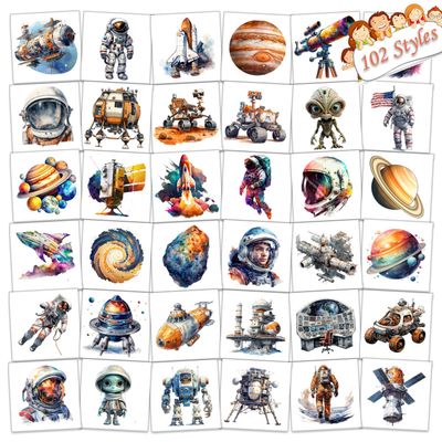 102 PCS Individually Wrapped Space Temporary Tattoo for kids - Planet Astronaut Rockets Temporary for Girls Boy Body Arm Shoulder Cute Tattoos Stickers, Birthday Party Supplies Gifts for Kids