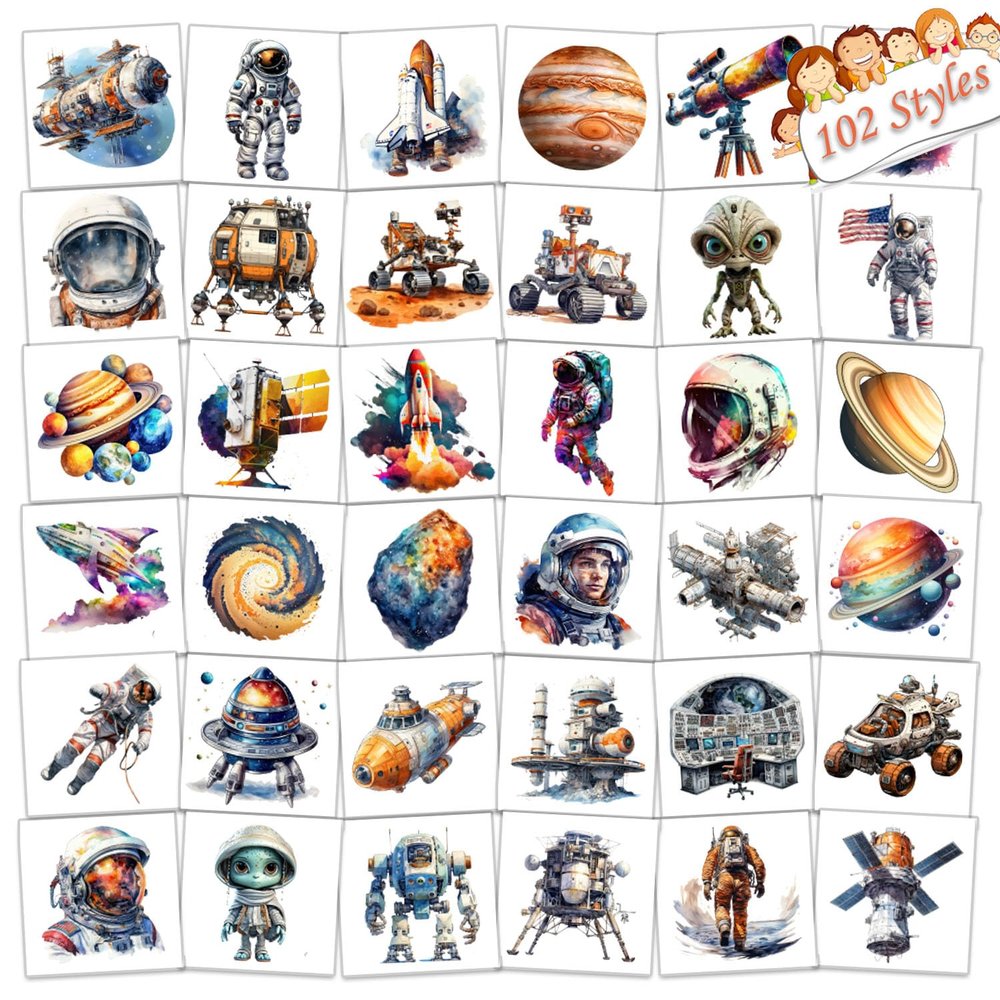 102 PCS Individually Wrapped Space Temporary Tattoo for kids - Planet Astronaut Rockets Temporary for Girls Boy Body Arm Shoulder Cute Tattoos Stickers, Birthday Party Supplies Gifts for Kids