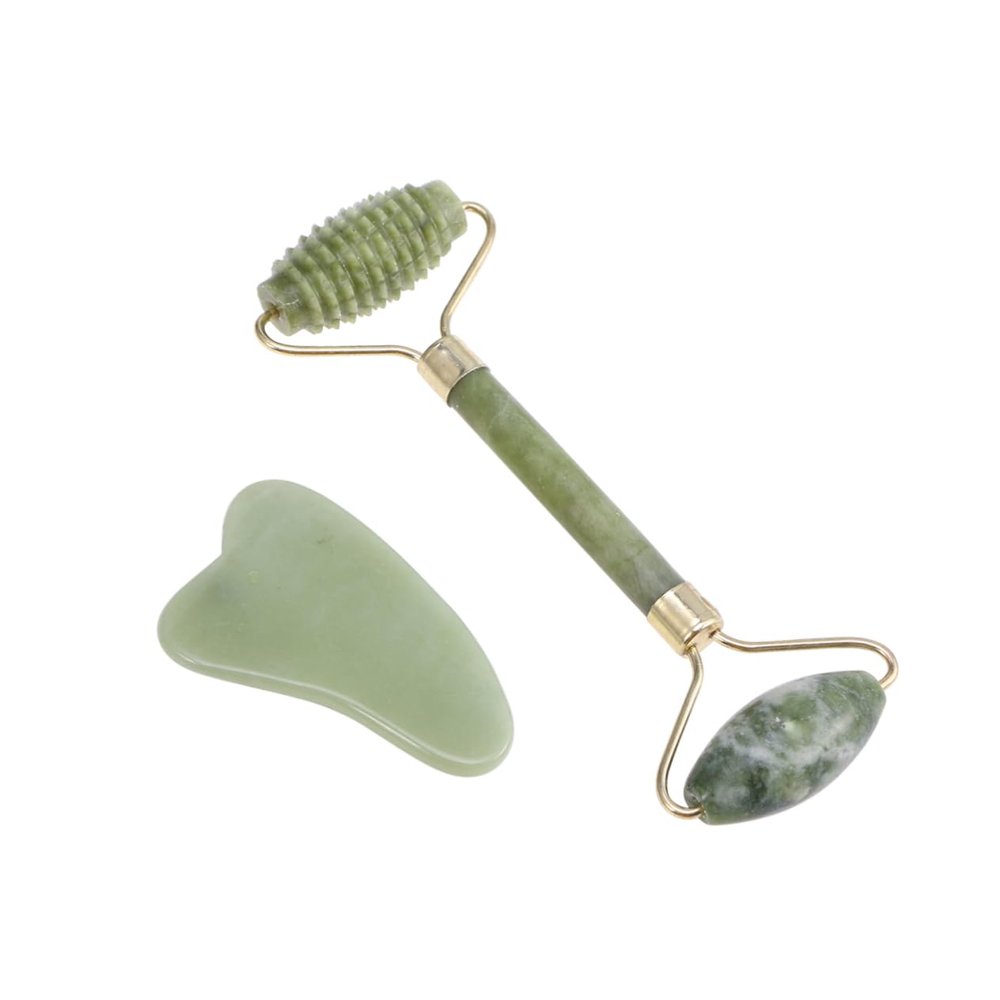 BEBEMOKO 2pcs Natural Jade Massaging Scraper and Roller Facial Relaxation Gua Tool for Neck Face and Skin Care Soothing Massage Board Roller