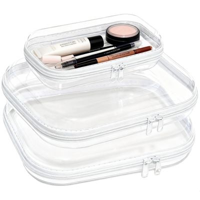 3PCS Clear Hard Plastic Zipper Case, Double Zippers Hard Pouch, Portable Travel Organizer Bin Clear Makeup Bag for Toy Storage, Snack Bag, Cosmetics, Pencil Case, Diaper Bag, Toiletry Bag (2M+1S)