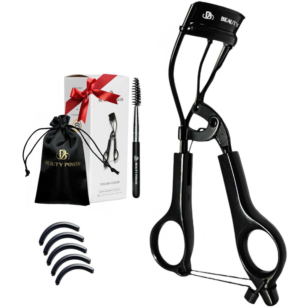 Beauty Power Eyelash Curler - Precision Lash Lift in Seconds with 5 Replacement Pads, Eyebrow Brush & Satin Travel Bag - Gentle & Safe, German Stainless Steel for Perfect Extra Curls - Gift (Black)