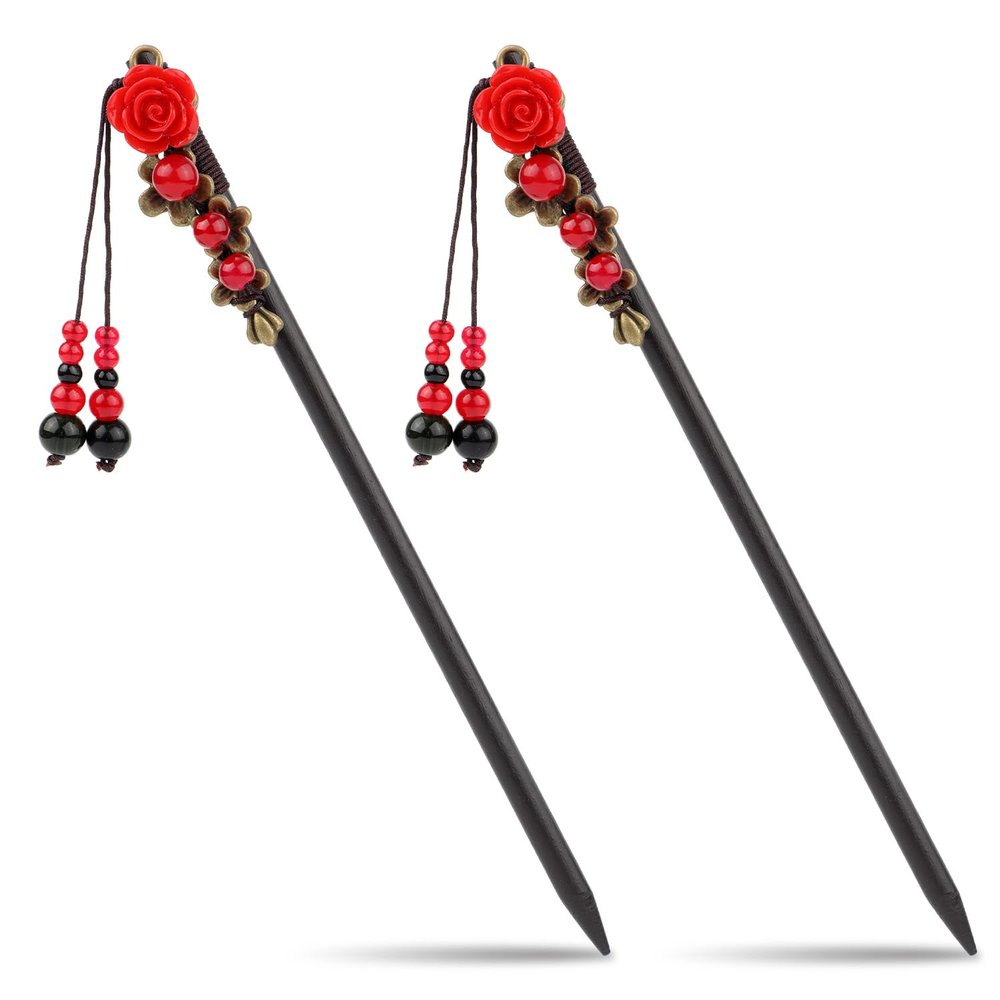 2pcs Chinese Hair Sticks, Retro Vintage Chinese Hair Pins Rose Flower Hair Chopsticks Asian Japanese Handmade Wooden Hairpin Traditional Hanfu Pin Classic Hair Holder Accessories for Women Long Hair
