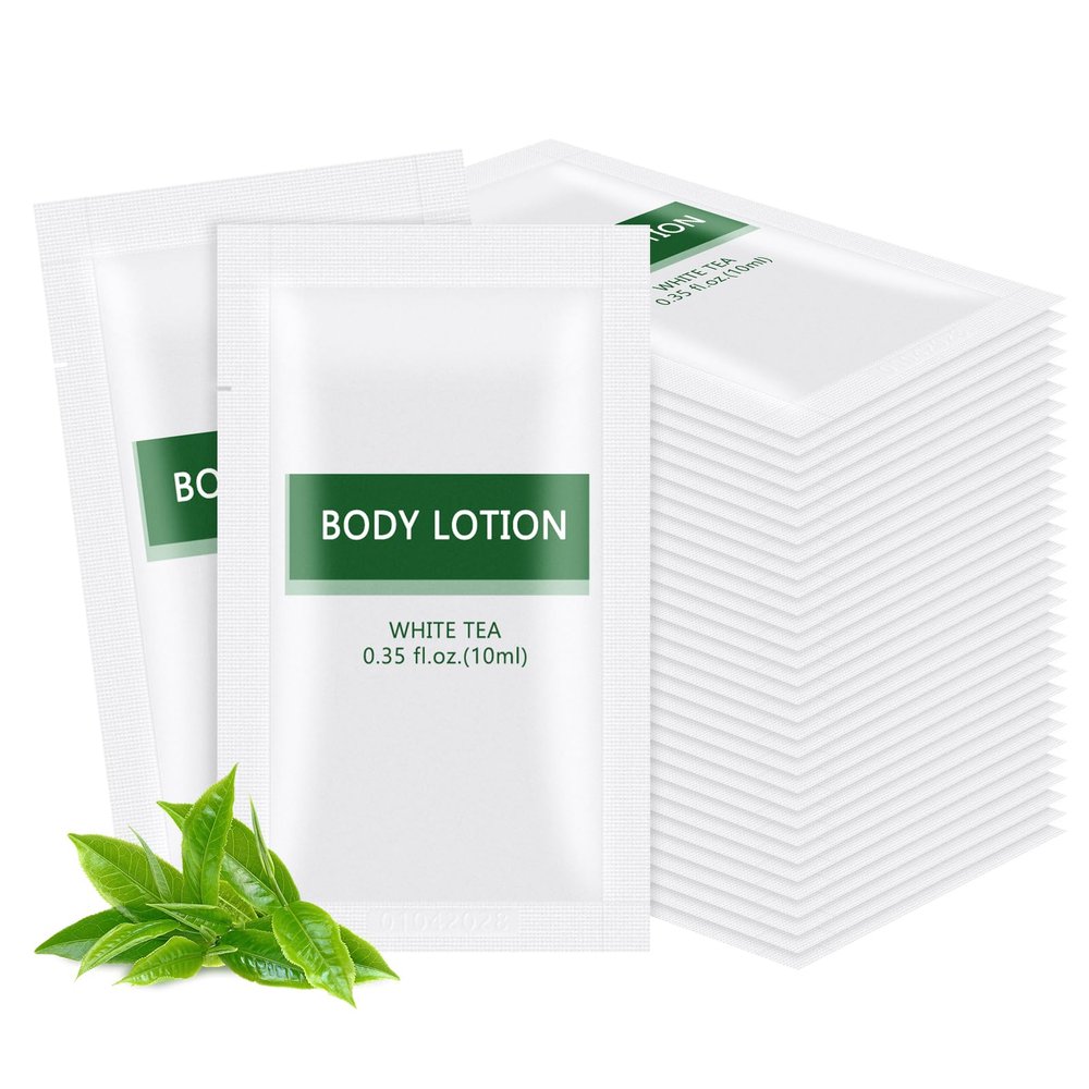 30 pack Travel Size Body Lotion Bulk Individually Wrapped - Refreshing Mini Lotion Single Use Supplies for Homeless Care Hotel Guests, White Tea Scent,0.35 fl oz/10ml