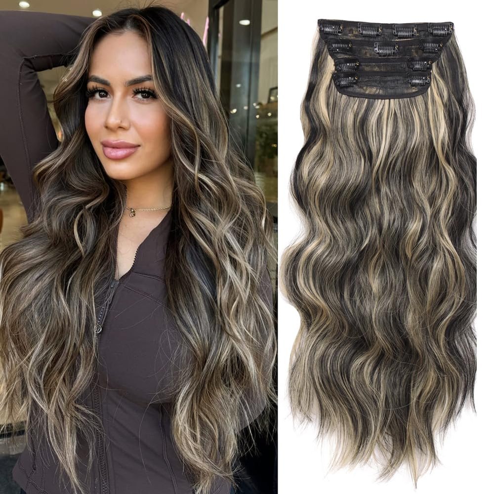 Black Mix Blonde Hair Extensions 4PCS Blonde Highlight Clip in Hair Extensions for Women 20 Inch Long Wavy Curly Hair Extension Highlight Syntheitc Hairpieces
